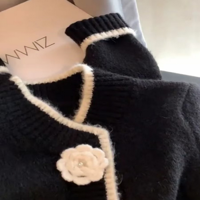 91家纺网 家纺一手货源 找家纺 （总）洛兰沙家居馆 只代发小香风毛衣女春秋慵懒可爱甜美圆领花朵针织开衫短款外套温柔上衣