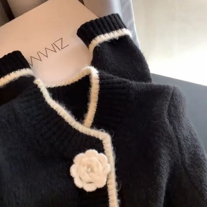 91家纺网 家纺一手货源 找家纺 （总）洛兰沙家居馆 只代发小香风毛衣女春秋慵懒可爱甜美圆领花朵针织开衫短款外套温柔上衣