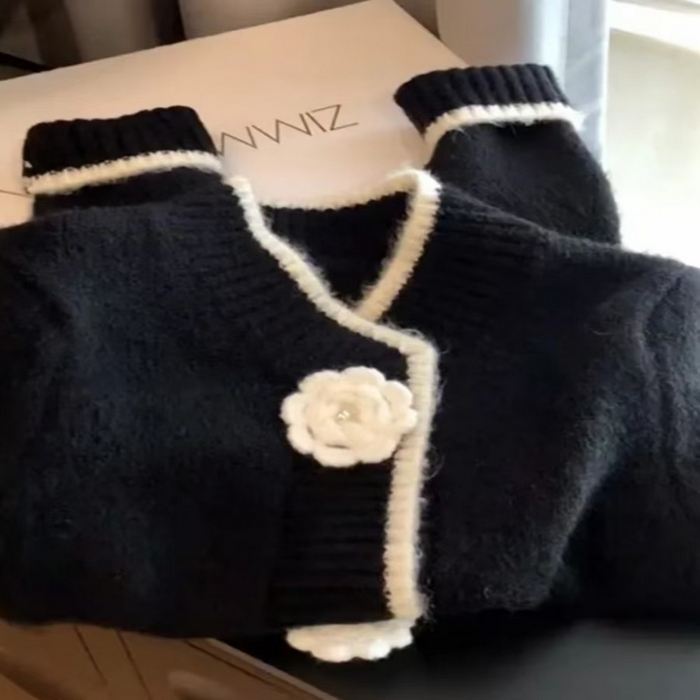 91家纺网 家纺一手货源 找家纺 （总）洛兰沙家居馆 只代发小香风毛衣女春秋慵懒可爱甜美圆领花朵针织开衫短款外套温柔上衣