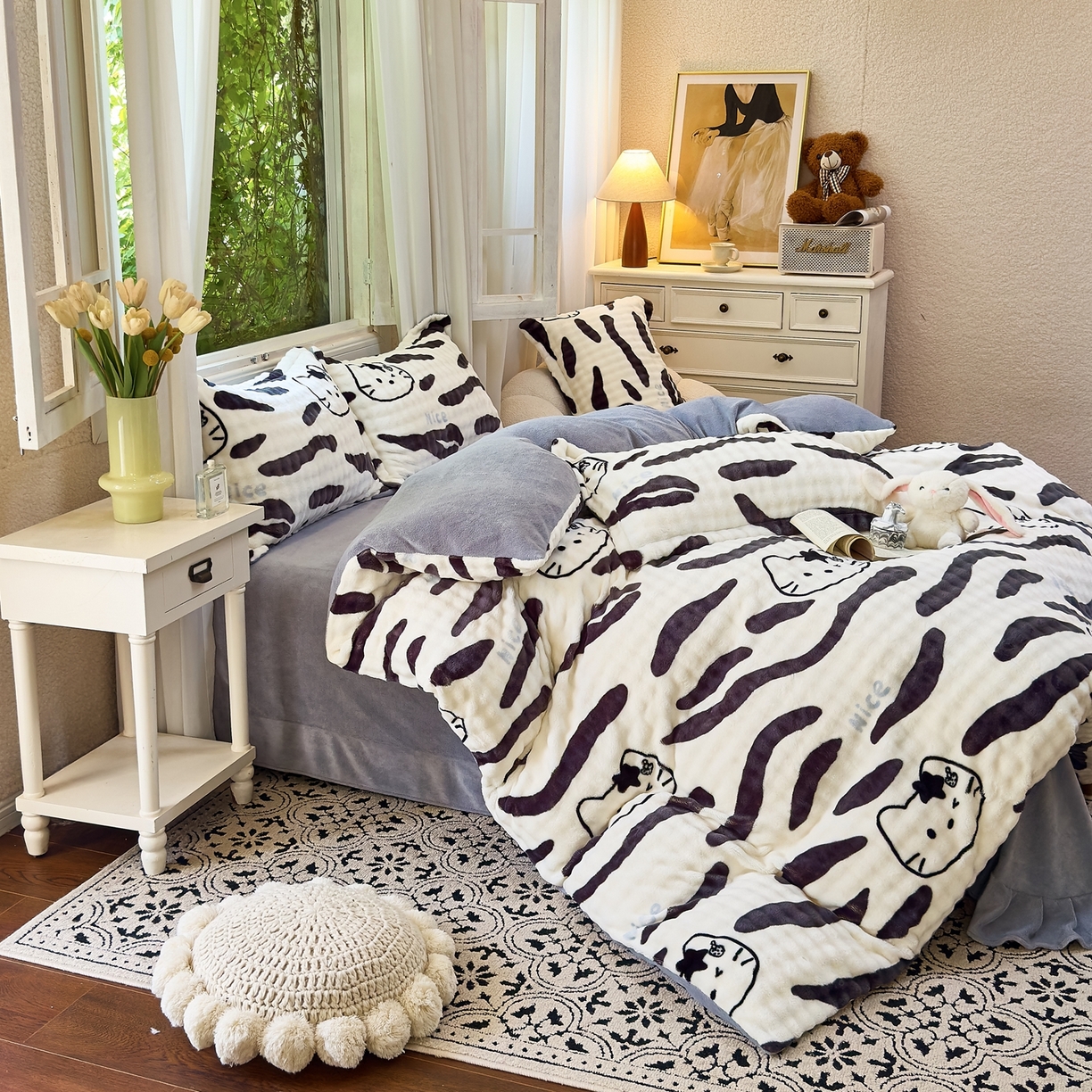 91家纺网 家纺一手货源 找家纺 梦莱斯 2025秋冬新款高克重牛奶绒四件套 斑马猫