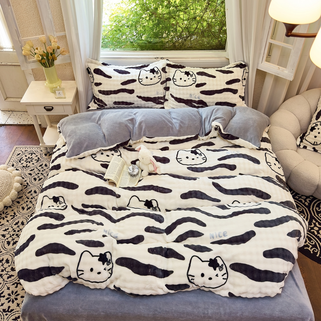 91家纺网 家纺一手货源 找家纺 梦莱斯 2025秋冬新款高克重牛奶绒四件套 斑马猫