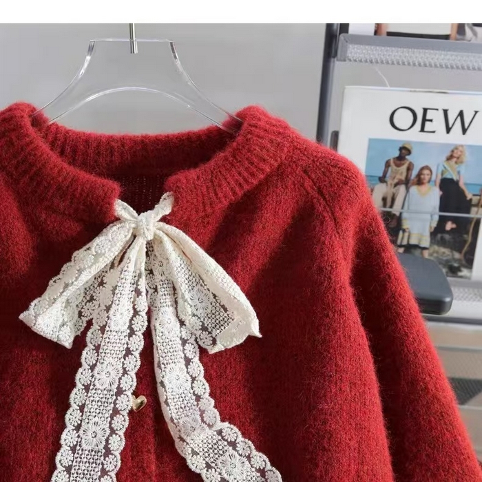 91家纺网 家纺一手货源 找家纺 （总）洛兰沙家居馆 只代发小香风毛衣女春秋慵懒可爱甜美蕾丝圆领针织开衫短款外套温柔上衣