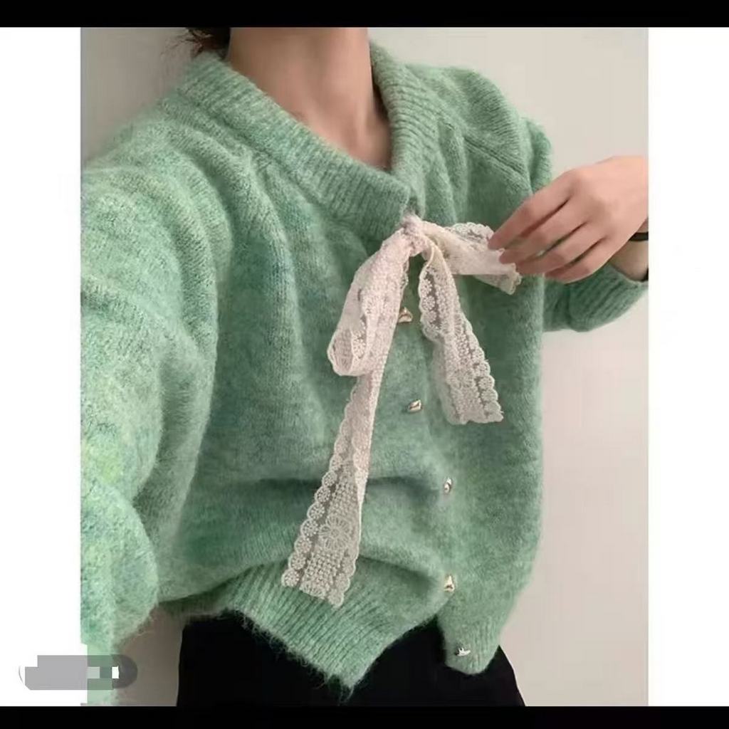 91家纺网 家纺一手货源 找家纺 （总）洛兰沙家居馆 只代发小香风毛衣女春秋慵懒可爱甜美蕾丝圆领针织开衫短款外套温柔上衣