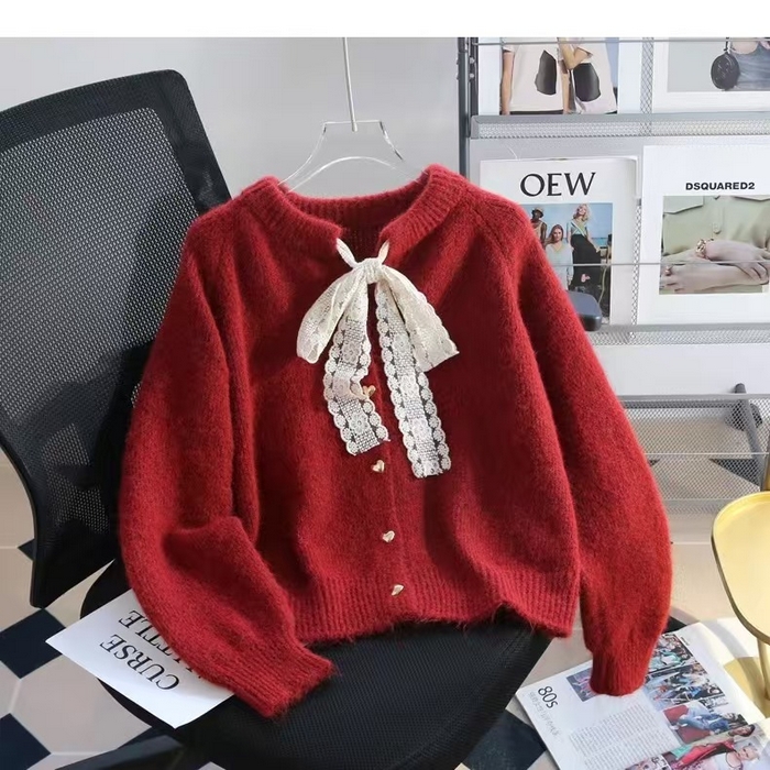 （总）洛兰沙家居馆 只代发小香风毛衣女春秋慵懒可爱甜美蕾丝圆领针织开衫短款外套温柔上衣