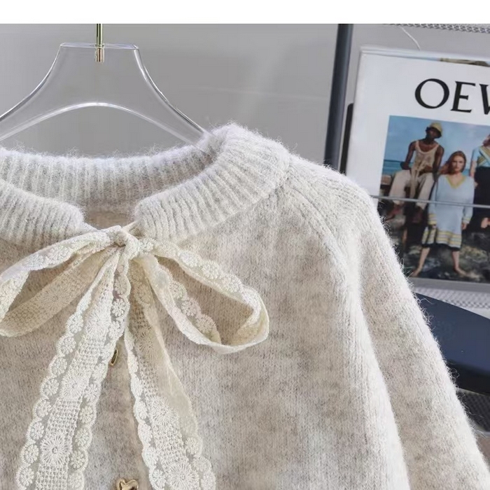 91家纺网 家纺一手货源 找家纺 （总）洛兰沙家居馆 只代发小香风毛衣女春秋慵懒可爱甜美蕾丝圆领针织开衫短款外套温柔上衣