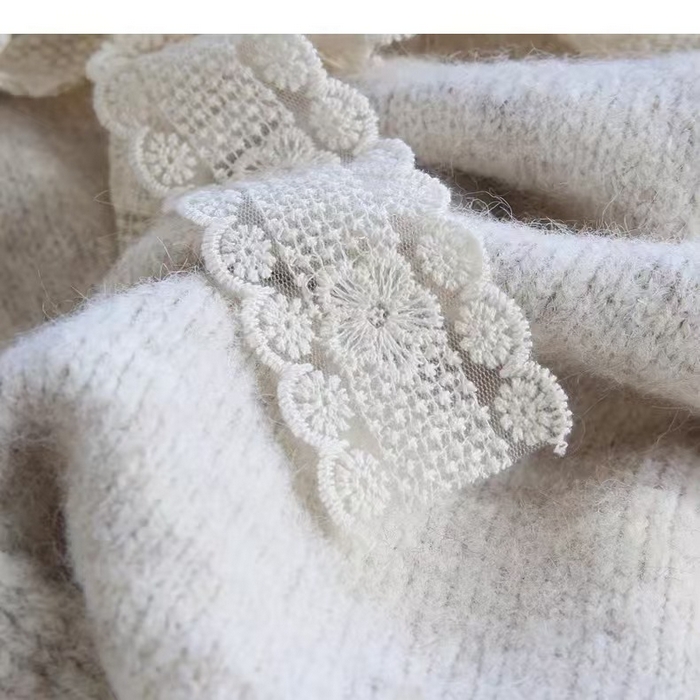 91家纺网 家纺一手货源 找家纺 （总）洛兰沙家居馆 只代发小香风毛衣女春秋慵懒可爱甜美蕾丝圆领针织开衫短款外套温柔上衣