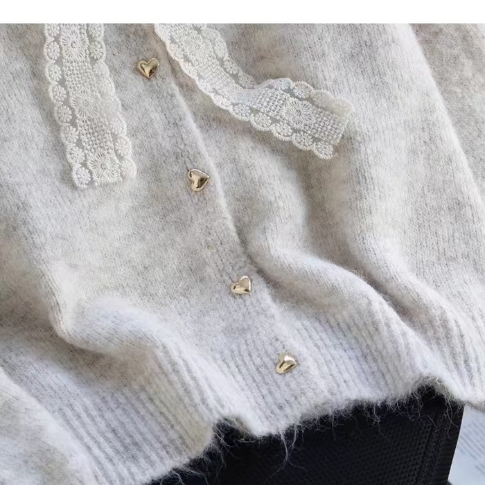 91家纺网 家纺一手货源 找家纺 （总）洛兰沙家居馆 只代发小香风毛衣女春秋慵懒可爱甜美蕾丝圆领针织开衫短款外套温柔上衣