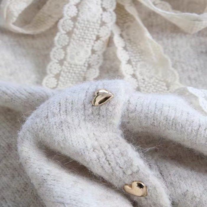 91家纺网 家纺一手货源 找家纺 （总）洛兰沙家居馆 只代发小香风毛衣女春秋慵懒可爱甜美蕾丝圆领针织开衫短款外套温柔上衣