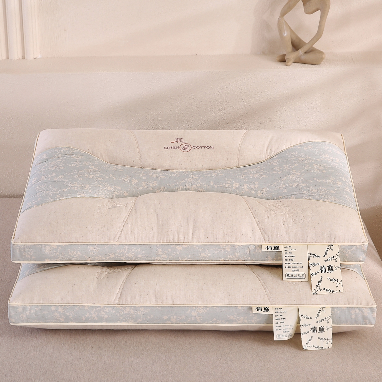 91家纺网 家纺一手货源 找家纺 木子晗 2025新款国潮棉麻秋冬不上火枕头枕芯 天青色