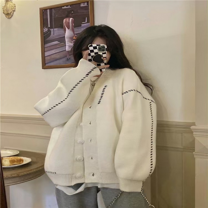 91家纺网 家纺一手货源 找家纺 （总）洛兰沙家居馆 只代发毛衣加厚休闲外套女春秋开衫中长款2新款洋气宽松外穿针织半大上衣