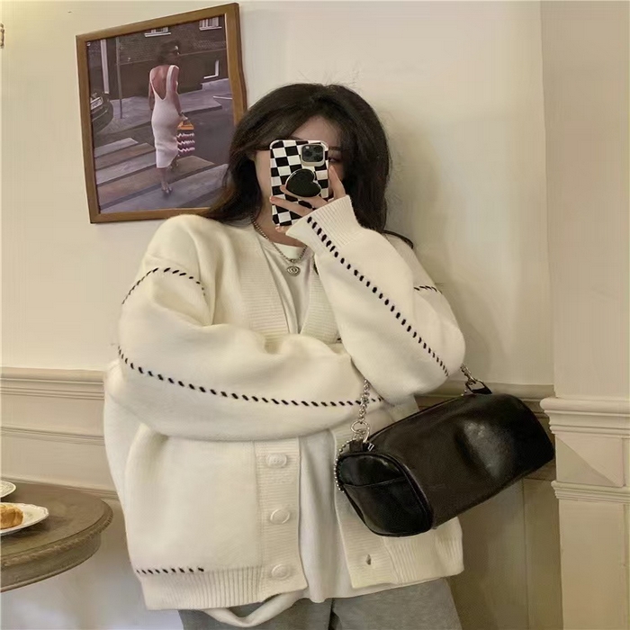 91家纺网 家纺一手货源 找家纺 （总）洛兰沙家居馆 只代发毛衣加厚休闲外套女春秋开衫中长款2新款洋气宽松外穿针织半大上衣