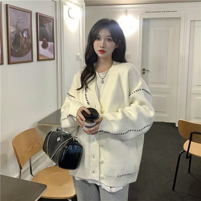 91家纺网 家纺一手货源 找家纺 （总）洛兰沙家居馆 只代发毛衣加厚休闲外套女春秋开衫中长款2新款洋气宽松外穿针织半大上衣