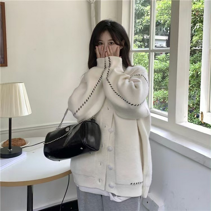 91家纺网 家纺一手货源 找家纺 （总）洛兰沙家居馆 只代发毛衣加厚休闲外套女春秋开衫中长款2新款洋气宽松外穿针织半大上衣