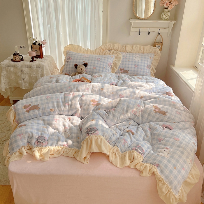 91家纺网 家纺一手货源 找家纺 瑞莱 上新2025年秋冬新款A类200克牛奶绒卡通印花四件套 萌趣咖宠