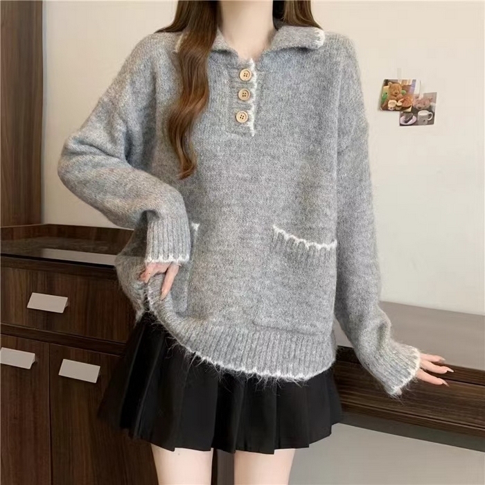 91家纺网 家纺一手货源 找家纺 （总）洛兰沙家居馆 只代发宽松慵懒风Polo领厚针织衫毛衣女秋冬新款显瘦柔软内搭打底上衣