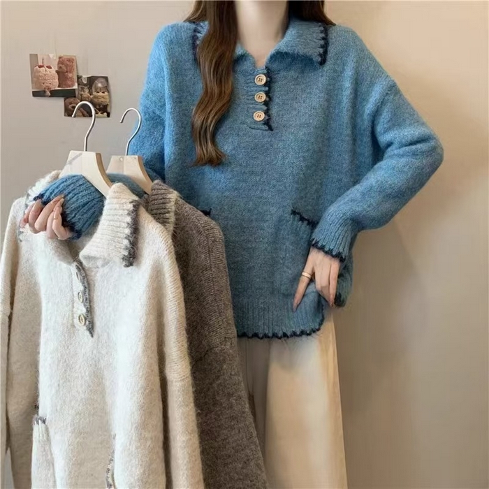 91家纺网 家纺一手货源 找家纺 （总）洛兰沙家居馆 只代发宽松慵懒风Polo领厚针织衫毛衣女秋冬新款显瘦柔软内搭打底上衣