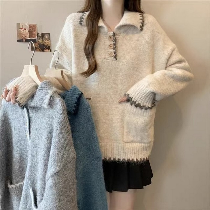 91家纺网 家纺一手货源 找家纺 （总）洛兰沙家居馆 只代发宽松慵懒风Polo领厚针织衫毛衣女秋冬新款显瘦柔软内搭打底上衣