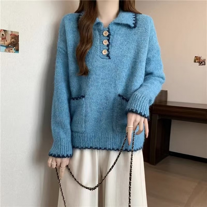 91家纺网 家纺一手货源 找家纺 （总）洛兰沙家居馆 只代发宽松慵懒风Polo领厚针织衫毛衣女秋冬新款显瘦柔软内搭打底上衣