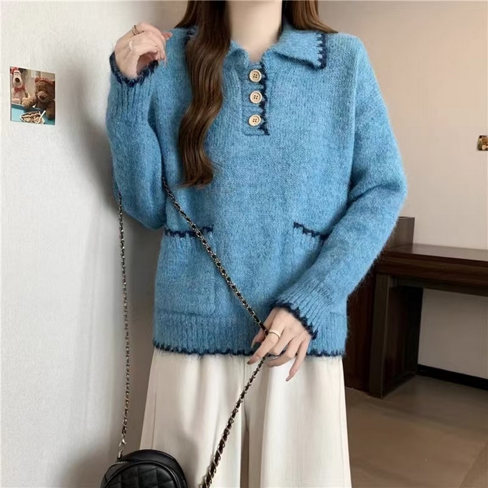 （总）洛兰沙家居馆 只代发宽松慵懒风Polo领厚针织衫毛衣女秋冬新款显瘦柔软内搭打底上衣