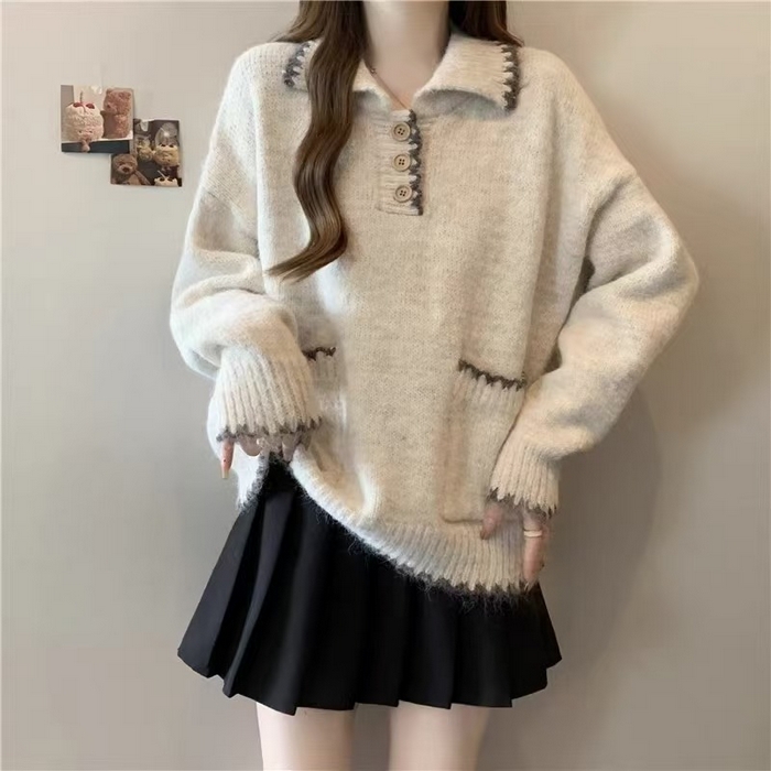 91家纺网 家纺一手货源 找家纺 （总）洛兰沙家居馆 只代发宽松慵懒风Polo领厚针织衫毛衣女秋冬新款显瘦柔软内搭打底上衣