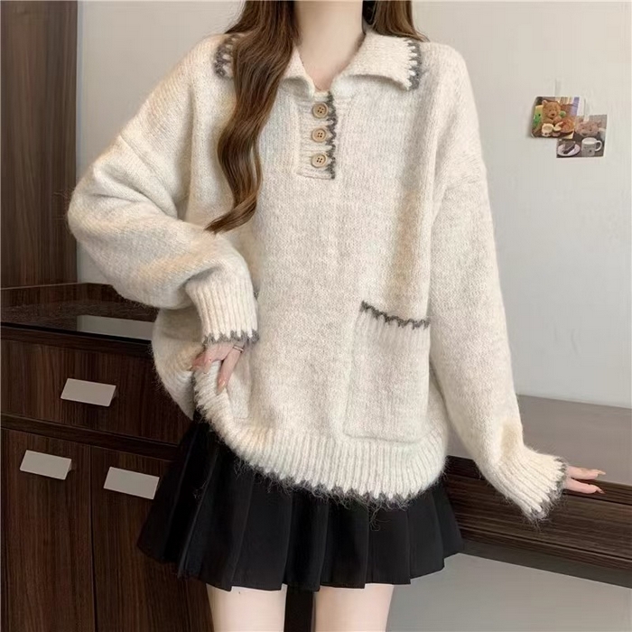 91家纺网 家纺一手货源 找家纺 （总）洛兰沙家居馆 只代发宽松慵懒风Polo领厚针织衫毛衣女秋冬新款显瘦柔软内搭打底上衣