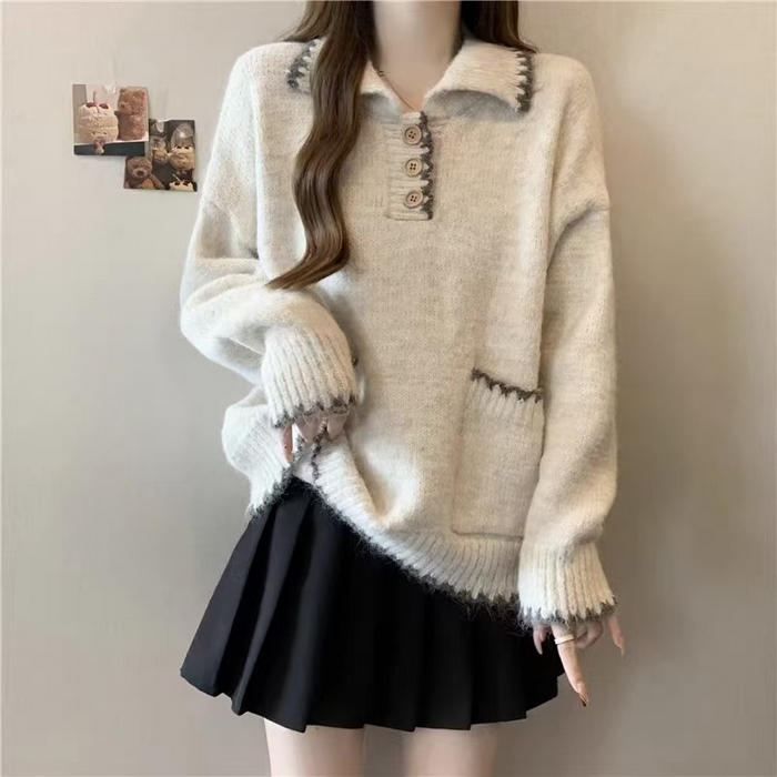 91家纺网 家纺一手货源 找家纺 （总）洛兰沙家居馆 只代发宽松慵懒风Polo领厚针织衫毛衣女秋冬新款显瘦柔软内搭打底上衣