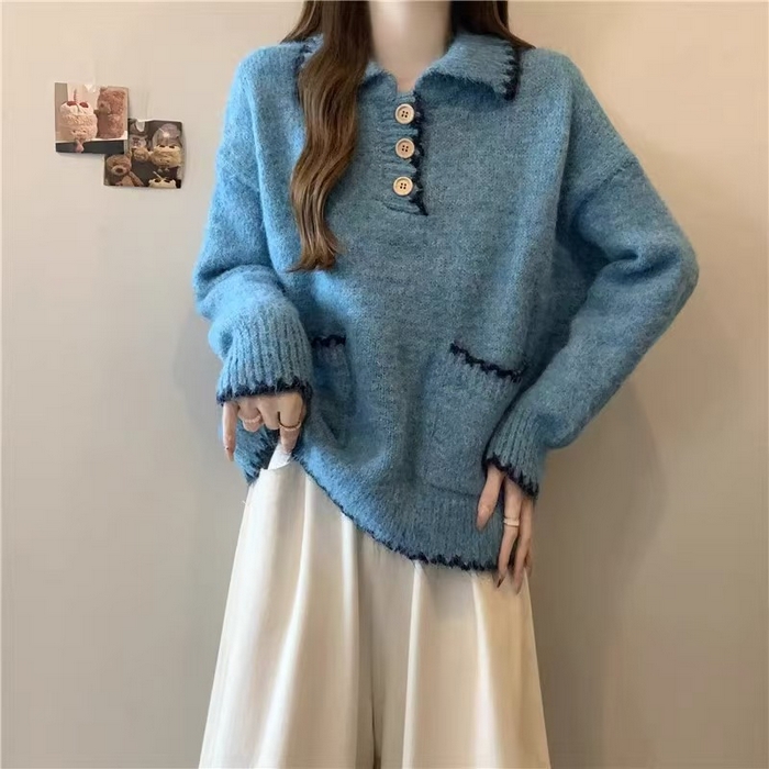 91家纺网 家纺一手货源 找家纺 （总）洛兰沙家居馆 只代发宽松慵懒风Polo领厚针织衫毛衣女秋冬新款显瘦柔软内搭打底上衣