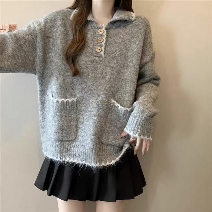 91家纺网 家纺一手货源 找家纺 （总）洛兰沙家居馆 只代发宽松慵懒风Polo领厚针织衫毛衣女秋冬新款显瘦柔软内搭打底上衣