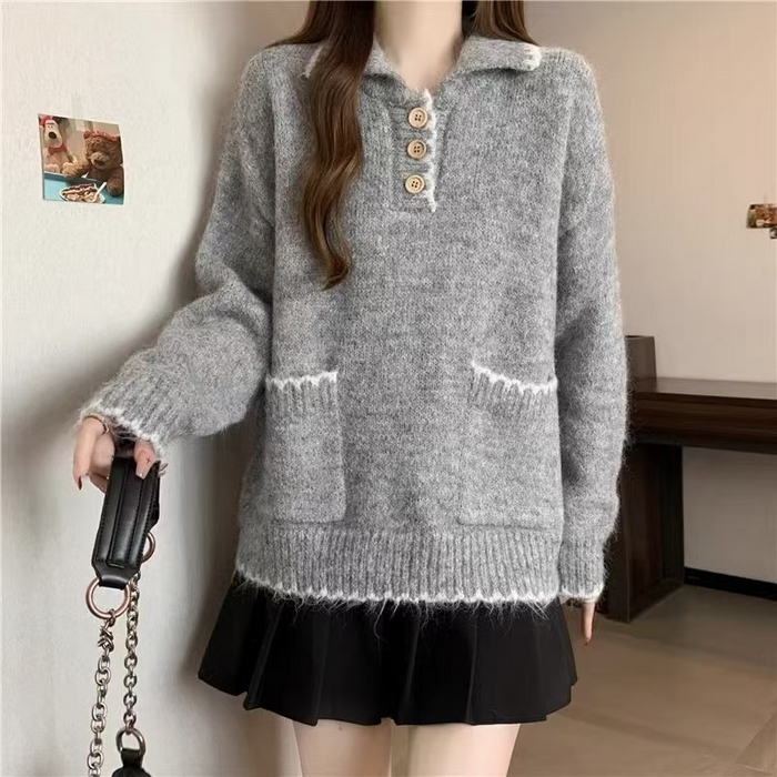 91家纺网 家纺一手货源 找家纺 （总）洛兰沙家居馆 只代发宽松慵懒风Polo领厚针织衫毛衣女秋冬新款显瘦柔软内搭打底上衣