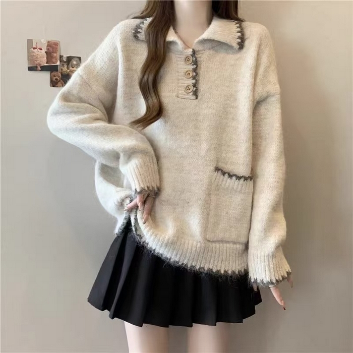 91家纺网 家纺一手货源 找家纺 （总）洛兰沙家居馆 只代发宽松慵懒风Polo领厚针织衫毛衣女秋冬新款显瘦柔软内搭打底上衣