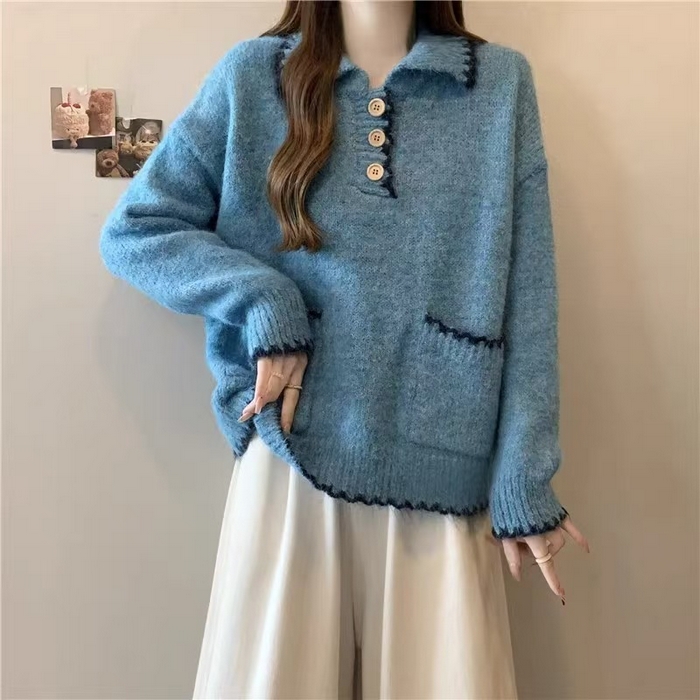 91家纺网 家纺一手货源 找家纺 （总）洛兰沙家居馆 只代发宽松慵懒风Polo领厚针织衫毛衣女秋冬新款显瘦柔软内搭打底上衣