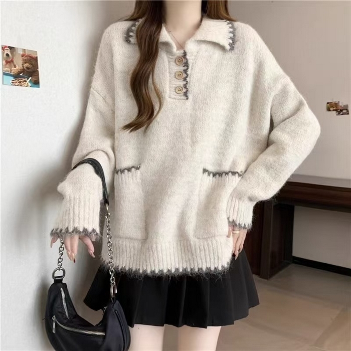 91家纺网 家纺一手货源 找家纺 （总）洛兰沙家居馆 只代发宽松慵懒风Polo领厚针织衫毛衣女秋冬新款显瘦柔软内搭打底上衣