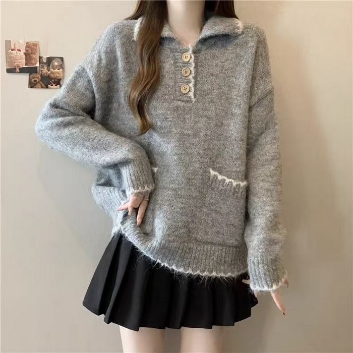 91家纺网 家纺一手货源 找家纺 （总）洛兰沙家居馆 只代发宽松慵懒风Polo领厚针织衫毛衣女秋冬新款显瘦柔软内搭打底上衣