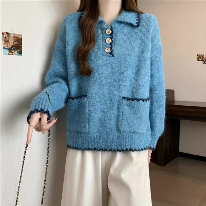 91家纺网 家纺一手货源 找家纺 （总）洛兰沙家居馆 只代发宽松慵懒风Polo领厚针织衫毛衣女秋冬新款显瘦柔软内搭打底上衣