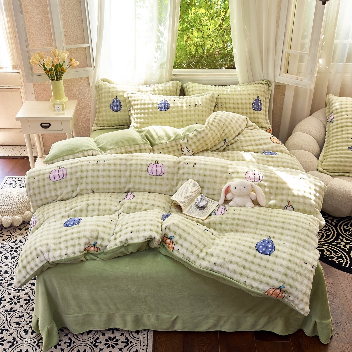 91家纺网 家纺一手货源 找家纺 梦莱斯 2025秋冬新款高克重牛奶绒四件套 小南瓜