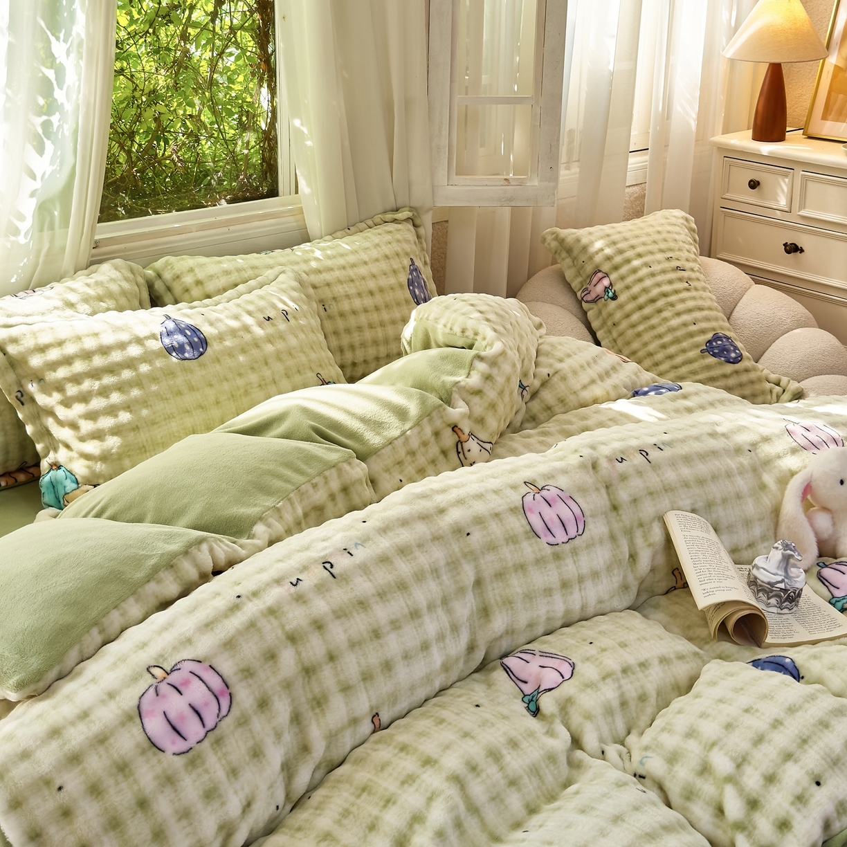 91家纺网 家纺一手货源 找家纺 梦莱斯 2025秋冬新款高克重牛奶绒四件套 小南瓜