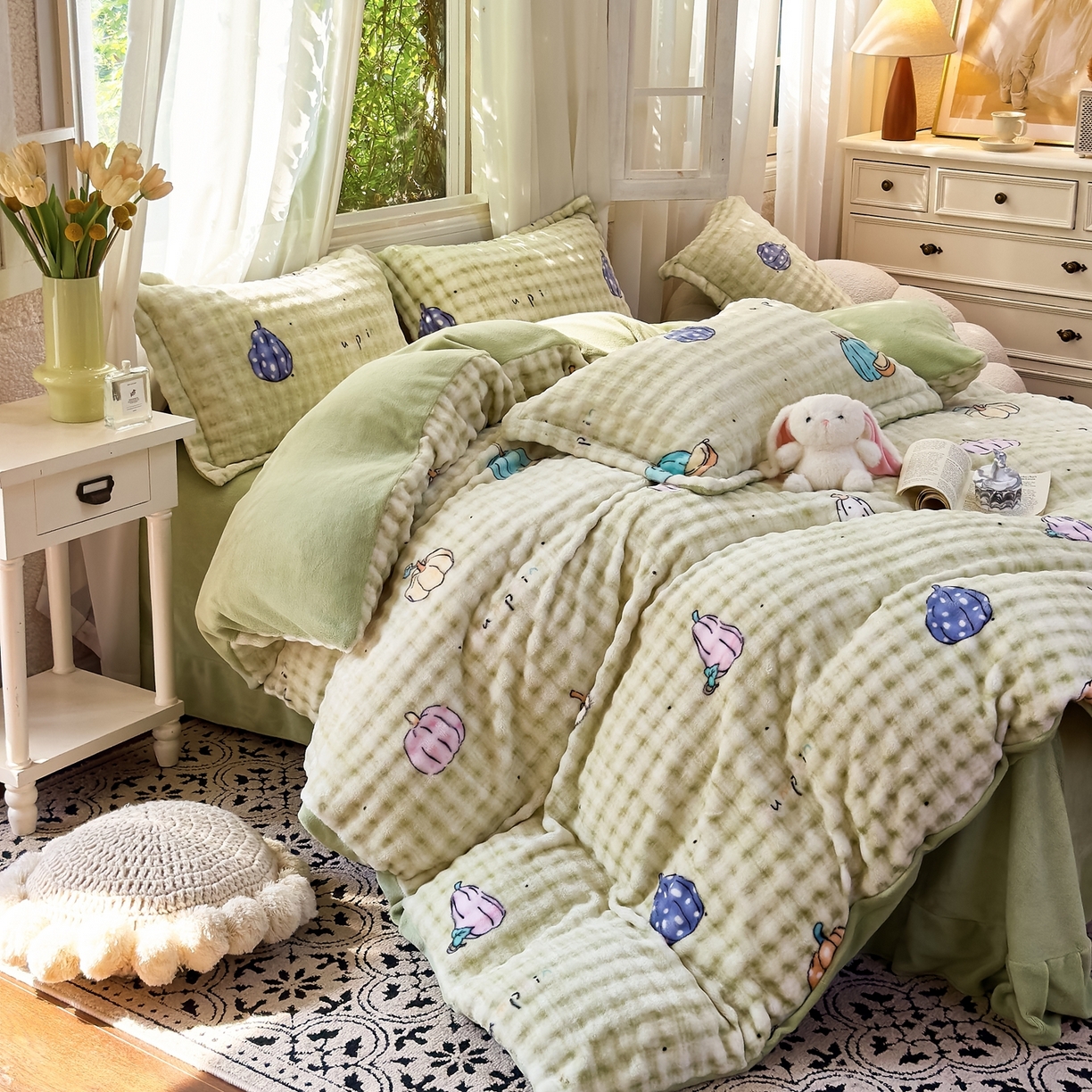 91家纺网 家纺一手货源 找家纺 梦莱斯 2025秋冬新款高克重牛奶绒四件套 小南瓜