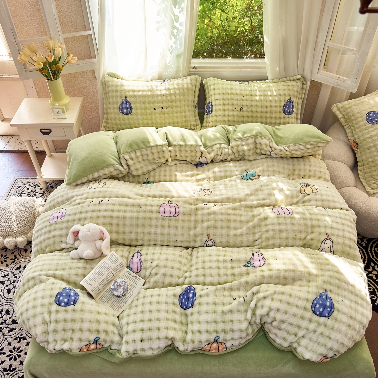 91家纺网 家纺一手货源 找家纺 梦莱斯 2025秋冬新款高克重牛奶绒四件套 小南瓜