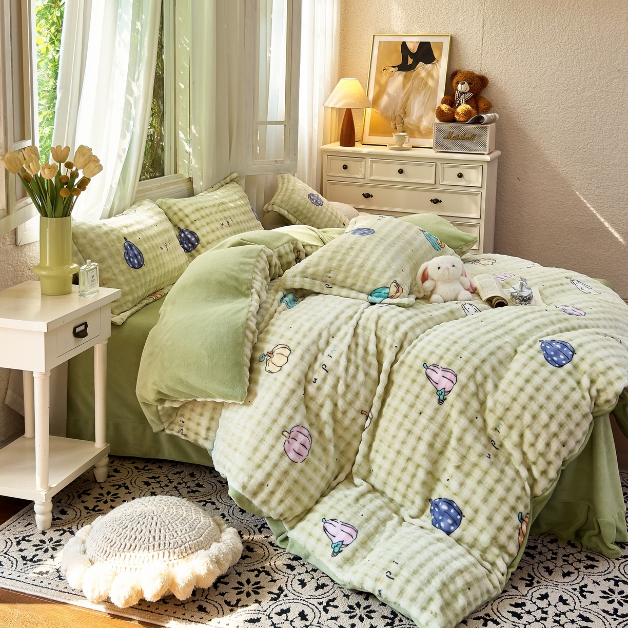 91家纺网 家纺一手货源 找家纺 梦莱斯 2025秋冬新款高克重牛奶绒四件套 小南瓜