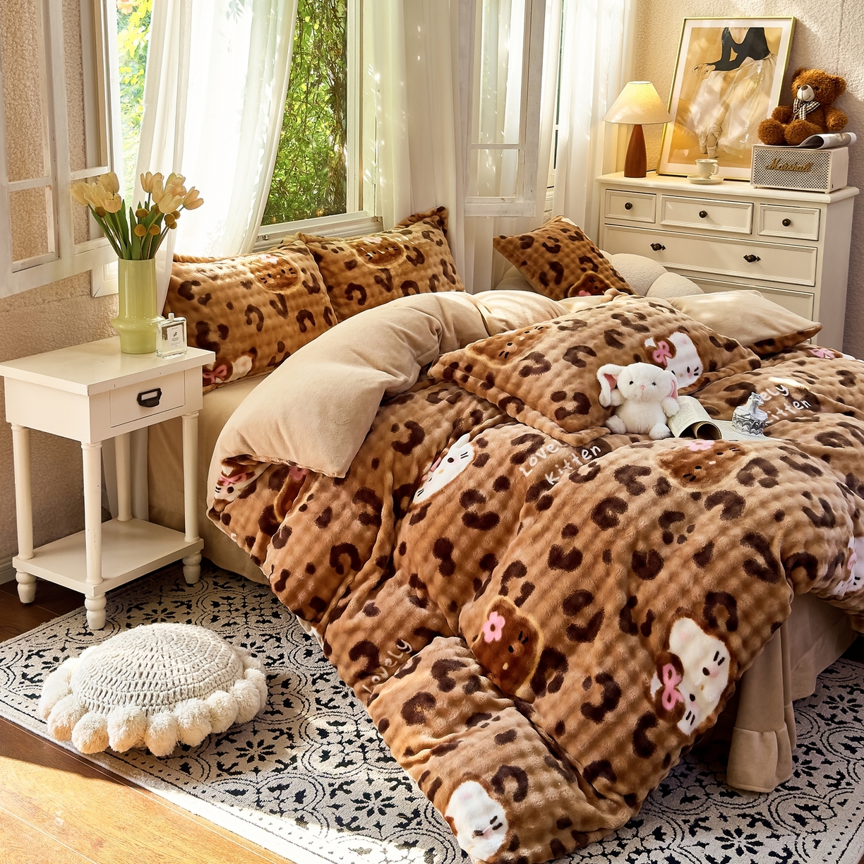 91家纺网 家纺一手货源 找家纺 梦莱斯 2025秋冬新款高克重牛奶绒四件套 小野猫