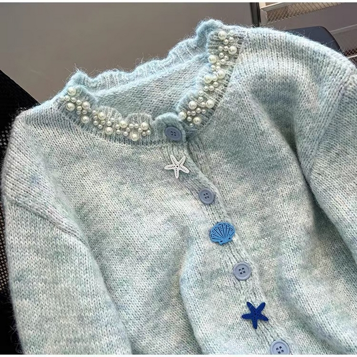 91家纺网 家纺一手货源 找家纺 （总）洛兰沙家居馆 只代发小香风毛衣女春秋慵懒可爱甜美珍珠圆领针织开衫短款外套温柔上衣