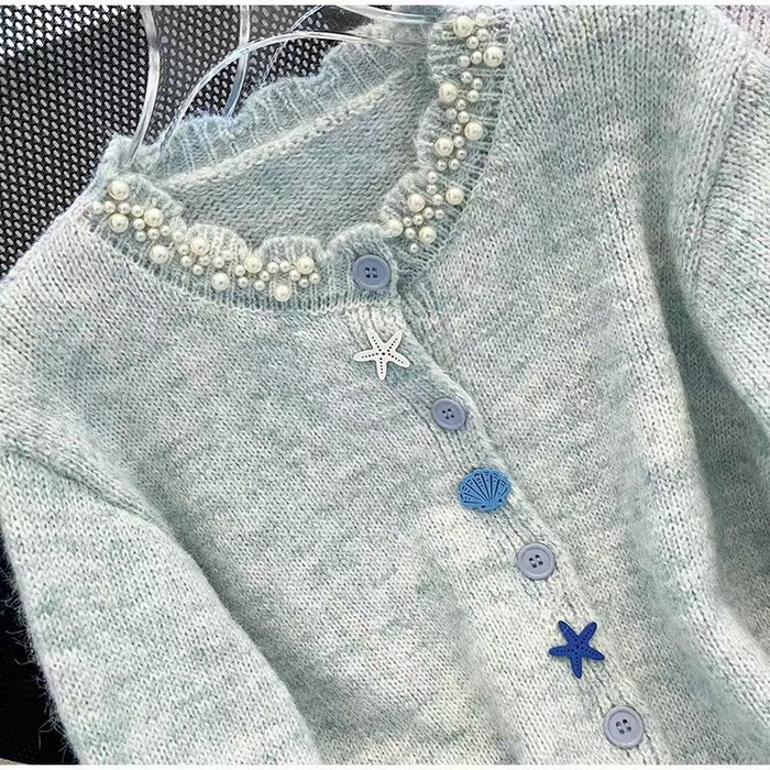 91家纺网 家纺一手货源 找家纺 （总）洛兰沙家居馆 只代发小香风毛衣女春秋慵懒可爱甜美珍珠圆领针织开衫短款外套温柔上衣