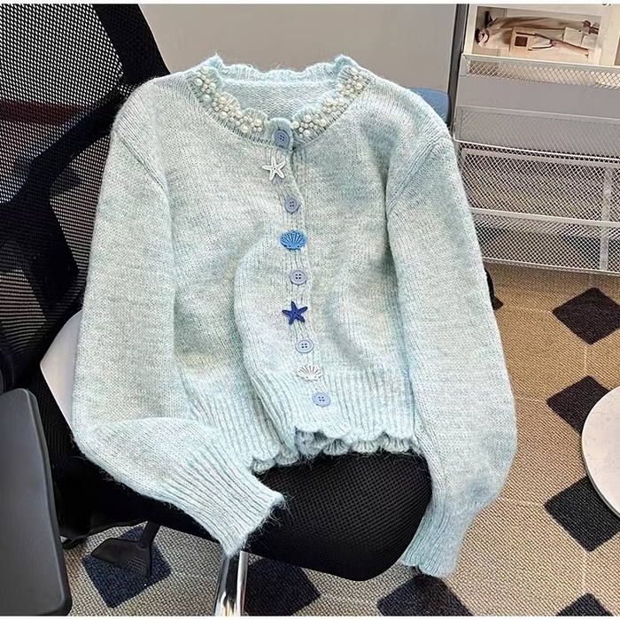 91家纺网 家纺一手货源 找家纺 （总）洛兰沙家居馆 只代发小香风毛衣女春秋慵懒可爱甜美珍珠圆领针织开衫短款外套温柔上衣