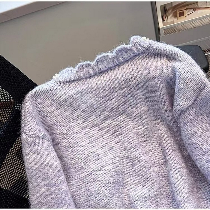 91家纺网 家纺一手货源 找家纺 （总）洛兰沙家居馆 只代发小香风毛衣女春秋慵懒可爱甜美珍珠圆领针织开衫短款外套温柔上衣