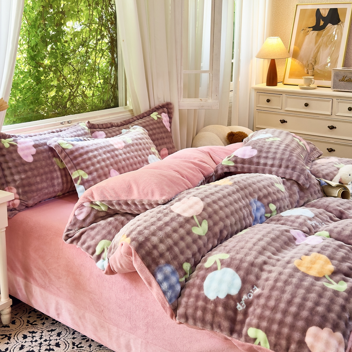 91家纺网 家纺一手货源 找家纺 梦莱斯 2025秋冬新款高克重牛奶绒四件套 郁金香