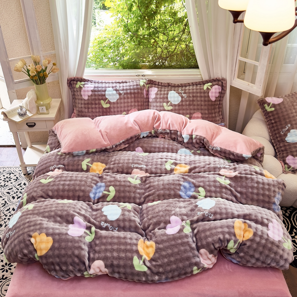 91家纺网 家纺一手货源 找家纺 梦莱斯 2025秋冬新款高克重牛奶绒四件套 郁金香