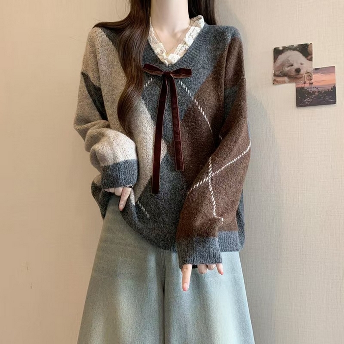 91家纺网 家纺一手货源 找家纺 （总）洛兰沙家居馆 只代发新款酒红色菱格毛衣女春新款大码胖均码蕾丝V领针织衫米亚风复古上衣