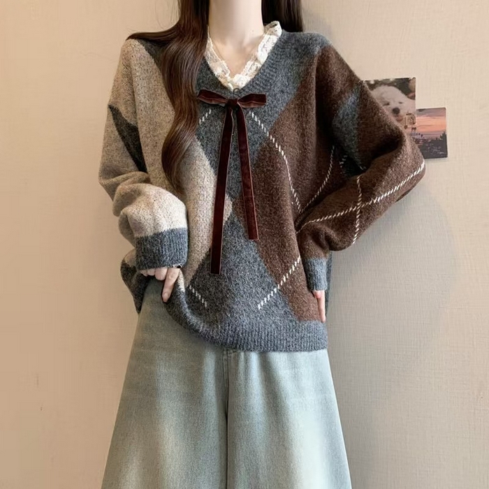 91家纺网 家纺一手货源 找家纺 （总）洛兰沙家居馆 只代发新款酒红色菱格毛衣女春新款大码胖均码蕾丝V领针织衫米亚风复古上衣