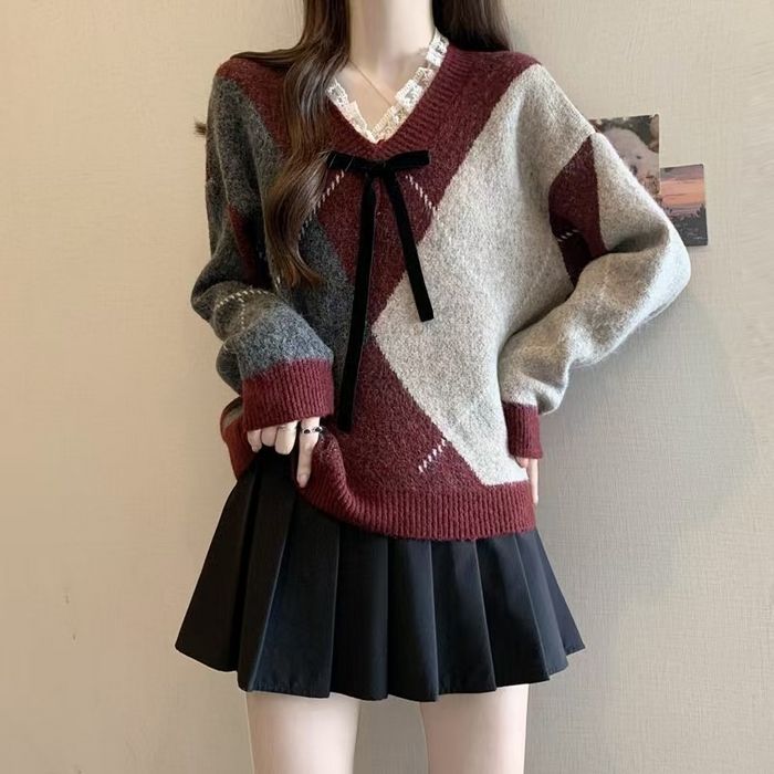 91家纺网 家纺一手货源 找家纺 （总）洛兰沙家居馆 只代发新款酒红色菱格毛衣女春新款大码胖均码蕾丝V领针织衫米亚风复古上衣