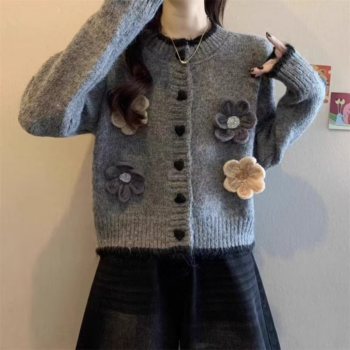 91家纺网 家纺一手货源 找家纺 （总）洛兰沙家居馆 只代发小香风毛衣女春秋慵懒可爱甜美圆领花朵针织开衫短款外套温柔上衣 